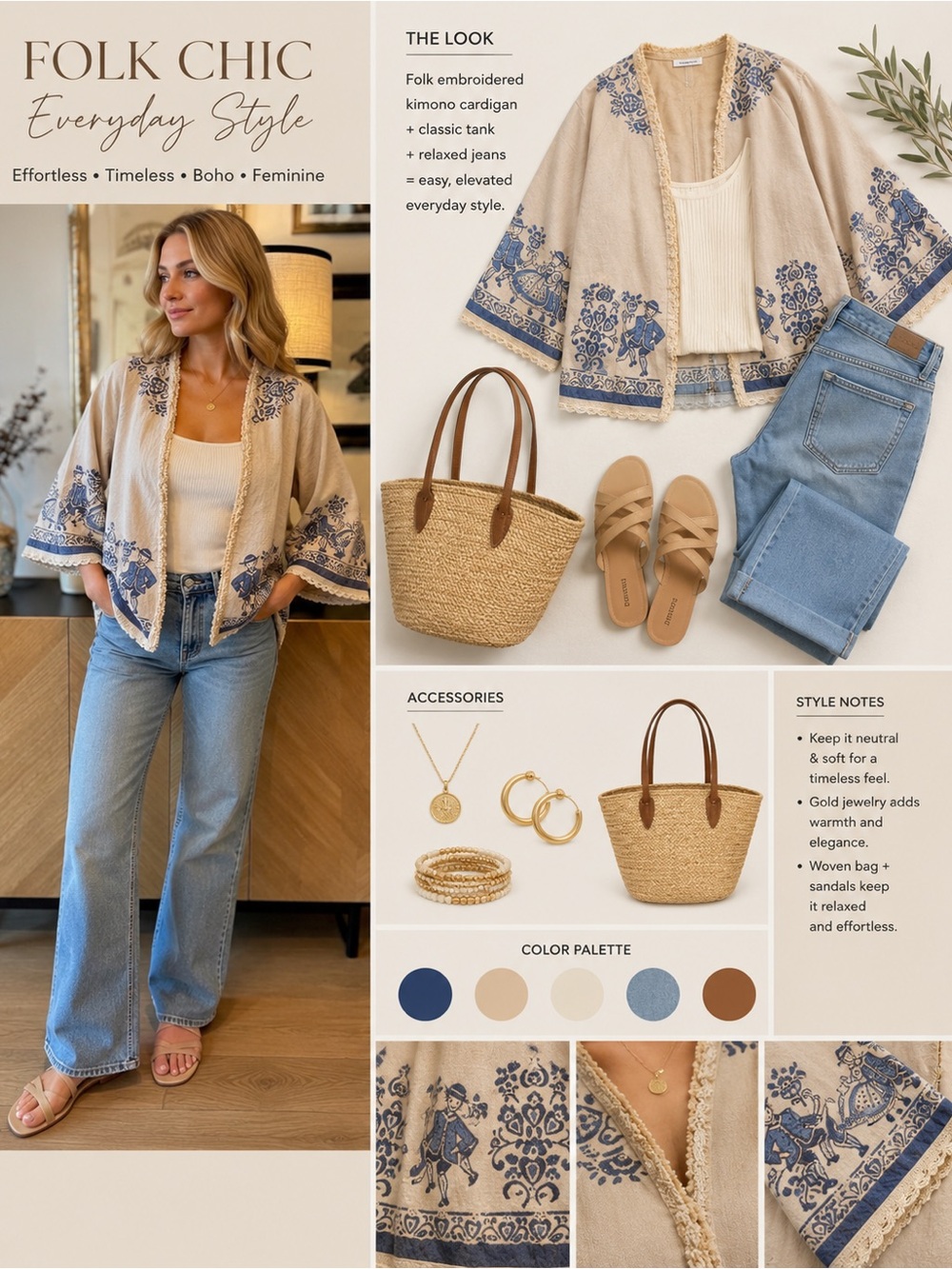 🧵 HANDMADE Embroidered Cream & Blue Boho Kimono Linen Blend Jacket O/S - Picture 15 of 15